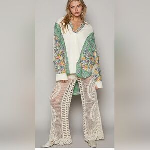 POL Oversized Thermal Top with Floral and Plaid Print in Clover Green Multi